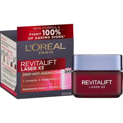 L'Oreal Revitalift Laser X3 cream jar and packaging on a white background